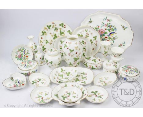 A large selection of Wedgwood Wild Strawberry pattern dressing table wares to include, vases, brush tray, pin trays, powder j