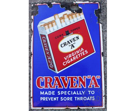 A vintage vitreous enamel Craven "A" cigarettes advertising sign, 91cm x 61cm (at fault)