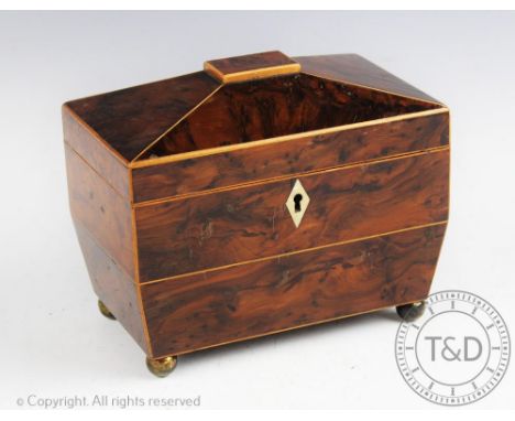 A George IV inlaid yew wood tea caddy, two divisions, on gilt metal ball feet, ivory escutcheons and handles, 15.5cm H x  19.