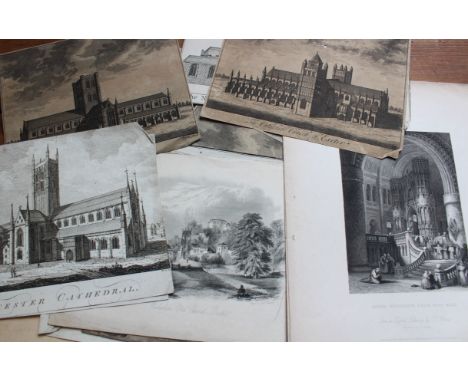 A collection of 18th century and later engravings, prints and book plates, including churches, marine, animal, architecture a