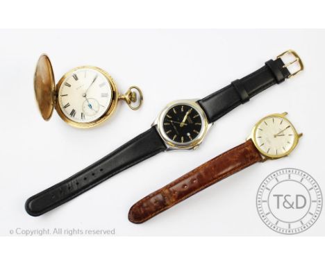 A gold plated Elgin pocket watch (movement loose), with a gentlemans Rotary wrist watch and a a Pulsat watch (3)  (at fault) 