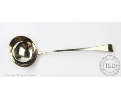 A George III silver ladle, Stephen Adams II, London 1802, Old English pattern with initialled terminal, 33cm long