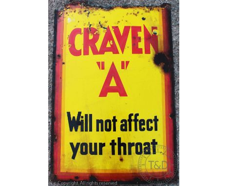A vintage vitreous enamel Craven "A" cigarettes advertising sign, 91.5cm x 60cm (at fault) 