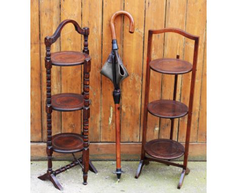 A 1920's oak three tier cake stand, 90cm H, with a stained beech cake stand and a shooting stick (3)