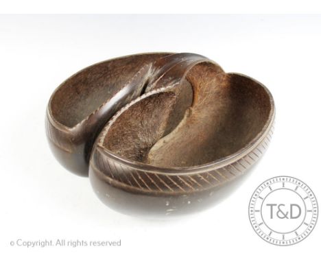 A vintage carved coco de mer nut basket bowl, 29cm