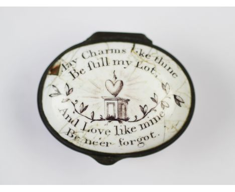 A George III Bilston enamel patch box, the cover with sentimental quote 'May charms like thine, be still my lot, and love lik