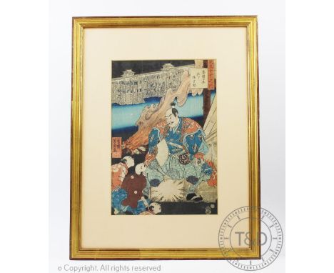 Three Japanese woodblock prints, warrior, geisha with a katana and geisha with a tray of food, 34cm x 23cm,with an Indian pai