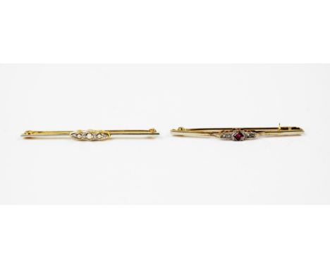 A diamond, seed pearl and white enamel bar brooch, designed as three pearls interspersed with rose cut diamonds and surrounde