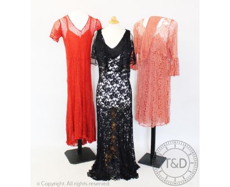 A selection of vintage ladies dresses, to include; a red corded lace maxi dress, with v neckline and cap sleeves, a dusty pin