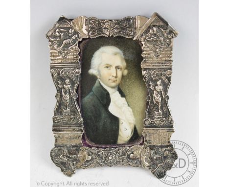 English School 18th / 19th century, Watercolour on ivory miniature, Portrait of a gentleman, 8.5cm x 5cm, In a continental wh