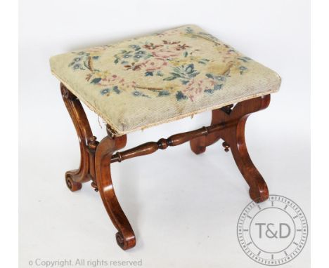 A Victorian carved walnut 'X' frame stool, with tapestry seat, 42cm h x 48cm W