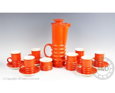 A 1960's Carlton Ware Wellington coffee service in an orange glaze, comprising; a coffee pot and cover, 32cm high, six coffee