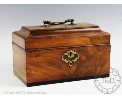 A George III mahogany tea caddy, with two division interior and associated bowl and silver spoon (sun faded), 14cm H x 23.5cm