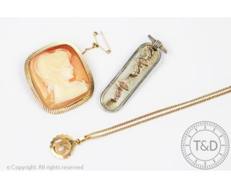 A carved shell cameo brooch, the cushion shaped carved shell cameo, within a 9ct yellow gold surround with radiating detail, 