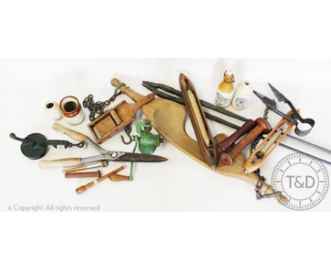A selection of vintage farm and kitchen items, to include a large pair of wrought iron blacksmiths tongs, bean slicer, mincer
