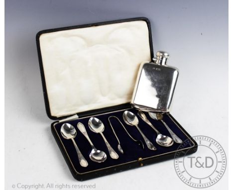 A George V silver hip flask, Sheffield 1942, 11cm, with a cased set of six silver tea spoons and matching sugar tongs (2)