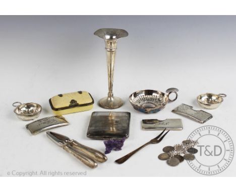 A collection of silver and objects of virtue, to include; a silver posy vase, 17cm high, a pair of silver handled nutcrackers