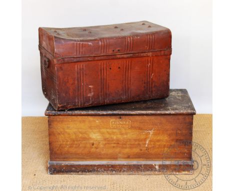A late 19th century painted pine trunk, of London interest, with internal tray, the front named 'R. Temple Blackwall', 44cm H