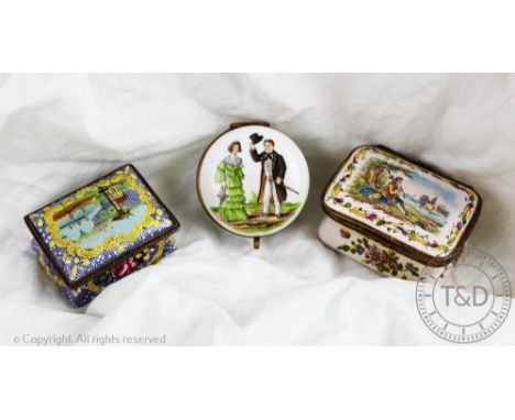A collection of three patch boxes, to include an enamelled example, the cover depicting a lone boy beside a river, 6cm wide, 