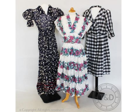 A selection of vintage ladies dresses and clothing, to include; a white floral tea dress, by 'Peggy Page London', decorated w