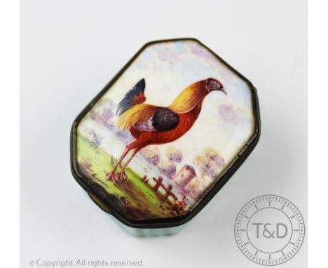 An early 19th century Bilston enamel box, the hinged cover decorated with a fighting cock in a landscape, 5.25cm CONDITION RE