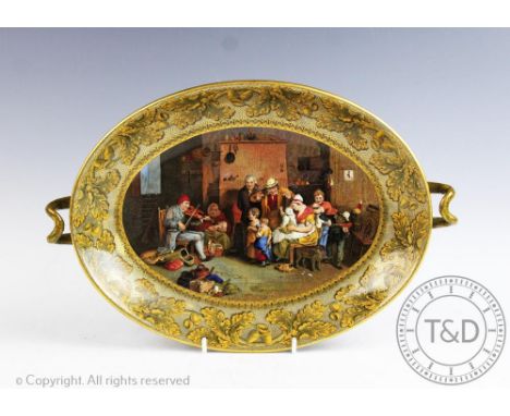 An F&amp;R Pratt &amp; Co Fenton tazza, the oval bowl decorated with a printed scene of figures in an interior, signed D.Wilk