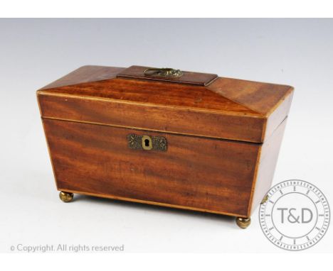 A George IV mahogany sarcophagus shaped tea caddy, on gilt ball feet, 17cm H x 30cm W x 15cm D