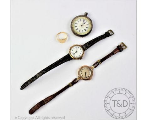 A ladies 9ct gold cased wristwatch, the white enamel dial with black Arabic numerals within 9ct Dennison case, movement stamp