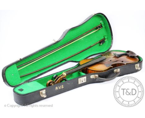 An early 20th century violin with 36cm two piece back (measurement lacking button) the back of the scroll stamed 'Conservator