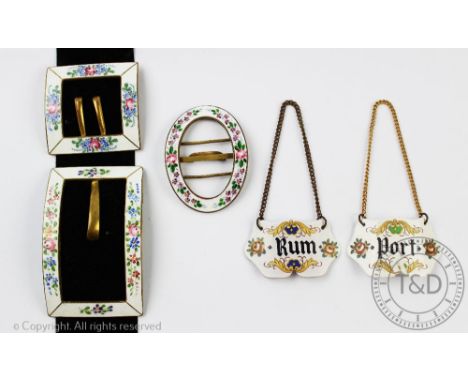 A selection of three Bilston enamel buckles, to include; a square, a rectangular and an oval example, each florally decorated