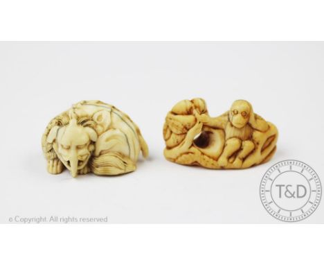 A 19th century japanese, carved ivory netsuke of a baku, 4.5cm wide with a carved ivory netsuke modelled as a monkey seated r