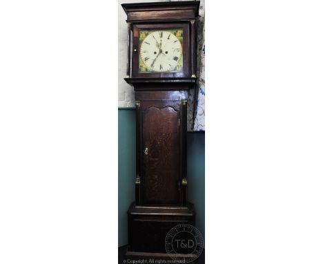 A George III eight day oak longcase clock, the painted dial indistinctly signed 'Malpas', with Roman numerals, subsidiary sec