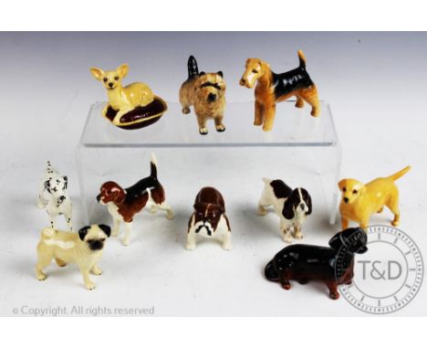 A selection of ten Beswick dogs to include a Chihuahua seated on a bed, a pug, yellow Labrador, Boson Bulldog, Airedale Terri