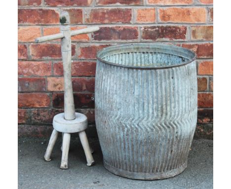 A vintage galvanized wash tub, 54cm H, with a pine wash dolly (2)