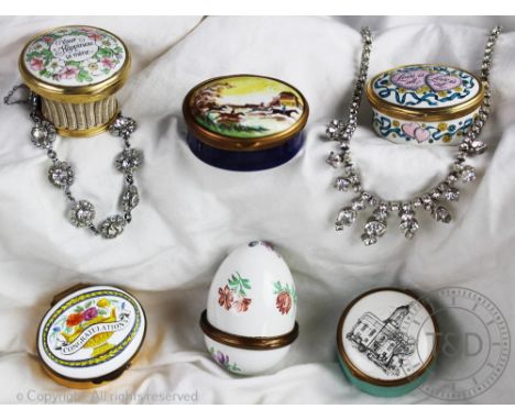 A collection of six assorted enamel boxes to include Halcyon Days Bilston &amp; Battersea examples and an egg shaped example,