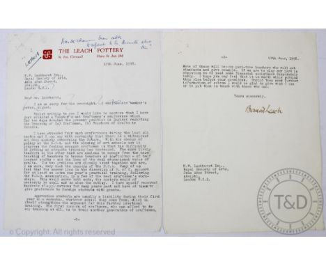 A typed and signed letter from studio potter Bernard Leach to Mr Lockhurst of the Royal Society of Arts, dated 12th June 1958