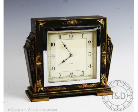 An Art Deco Smith eight day Chinoiserie mantel clock, square Arabic dial within a sqaure case with fan flanks, 16.5cm H x 19c