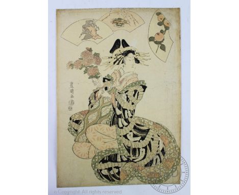 Manner of Utagawa Kunisada, Japanese woodblock print, two section vertical portrait depicting a concubine - possibly pregnant