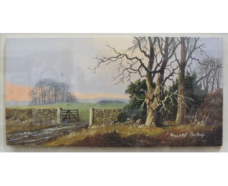 Vincent Selby (1919-2005), 'Figures with dog on moorland track', a signed oil on board and a companion, 'Sheep in field with 
