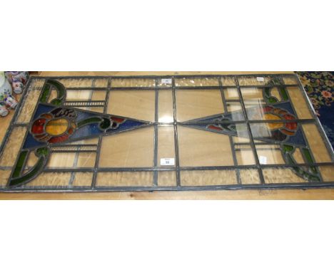 A pair of modern Art-Deco-style leaded-light stained glass windows, each 94.5 x 42.5cm, (2).