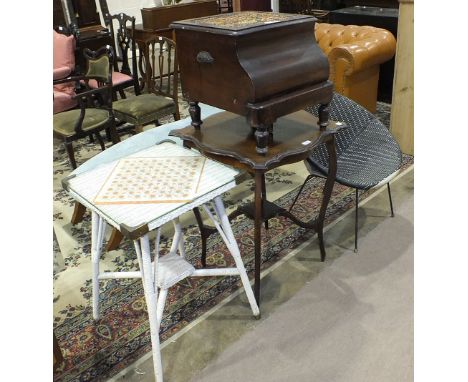 A Lusty & Sons Lloyd Loom square-top table, 48cm, a stained mahogany occasional table, a commode and a 1960's plastic weave b