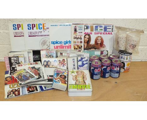 A collection of Spice Girls memorabilia, including six Pepsi Max cans, unopened, advertising the single 'Step To Me', a tin o