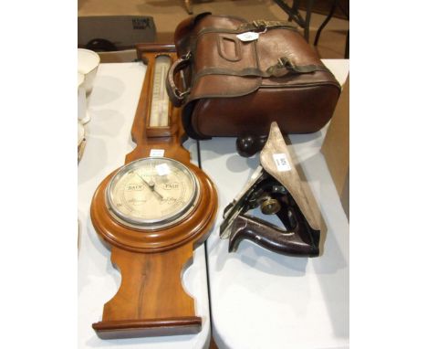 Four Henselite bowling woods in leather bag, a Stanley no.4½ metal plane and a walnut-cased barometer/thermometer, 69cm, (a/f