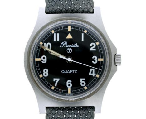 A PRECISTA BRITISH MILITARY ISSUE QUARTZ WRISTWATCH, CASE BACK MARKED BROAD ARROW, NUMBERS AND 29027/84