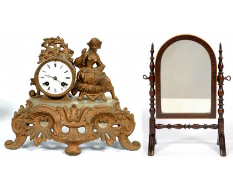 A FIN DE SIECLE SPELTER GILT MANTEL CLOCK, THE DRUM CASED MOVEMENT WITH ENAMEL DIAL, 28CM H AND A MINIATURE FRENCH 19TH C MAH