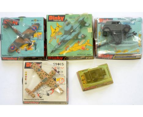 FIVE BOXED DINKY TOYS, COMPRISING MESSERCHMITT B 726, JAGUAR AIRCRAFT 731, SPITFIRE 719, FERRET ARMOURED CAR 680 AND VOLKSWAG