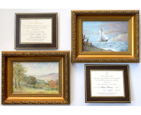 TWO ROYAL WORCESTER PLAQUES PAINTED BY ARTHUR BADHAM OR MICHAEL POWELL, BOTH SIGNED, WITH A LANDSCAPE OR SHIP IN AN ESTUARY, 