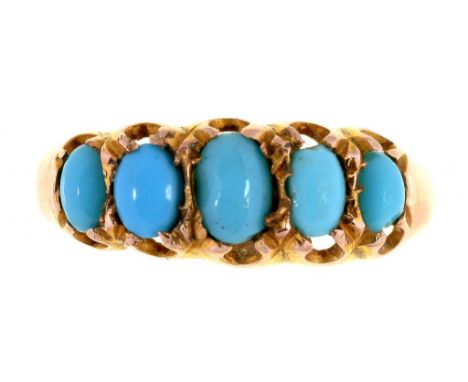 A TURQUOISE FIVE STONE RING, IN 9CT GOLD, CHESTER 1910, 1.4G, SIZE O ½