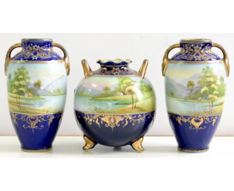 A NORITAKE COBALT GROUND GARNITURE, PAINTED WITH LANDSCAPES, GLOBULAR VASE 11CM H, PRINTED MARK, C1930