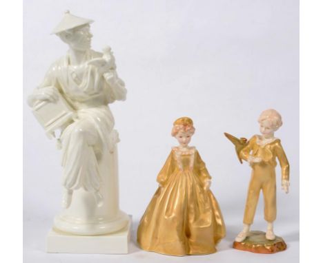 A ROYAL WORCESTER GLAZED PORCELAIN FIGURE OF L'OISEAU, MODELLED BY AZORI, 29CM H, UNMARKED, C1960 AND A PAIR OF ROYAL WORCEST